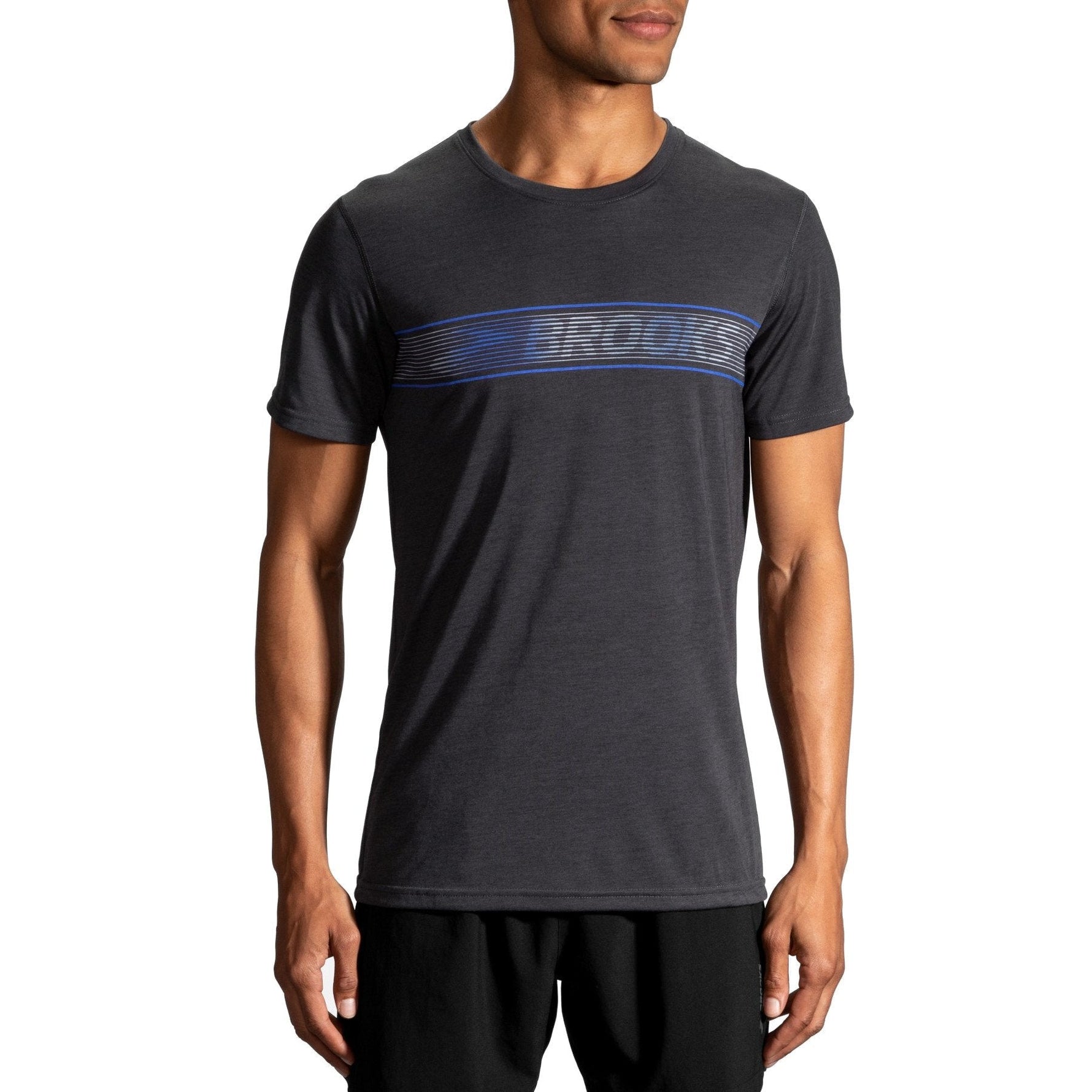 Brooks Distance Graphic T-Shirt in heather indigo with blue stripe design on male model