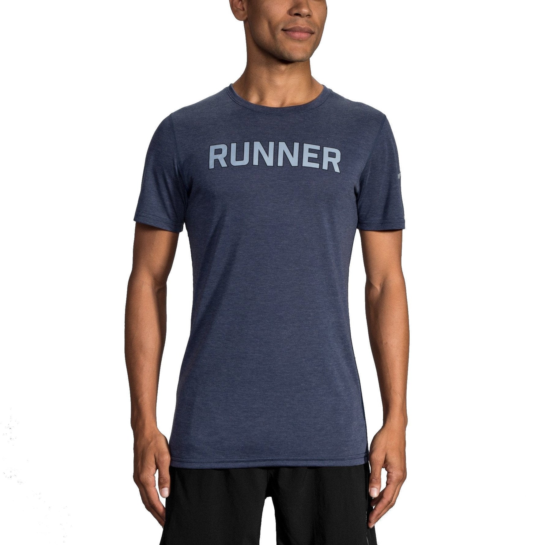 Brooks Distance Graphic T-Shirt in heather indigo with RUNNER text on chest