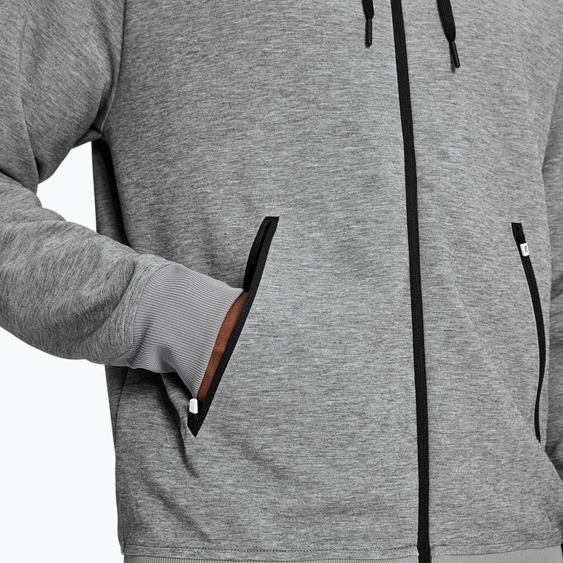 Grey men's zipped hoodie with black zipper details and front pockets