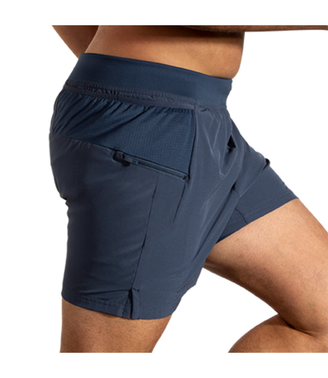 Brooks Sherpa 5 inch navy blue men's running shorts with zippered pocket
