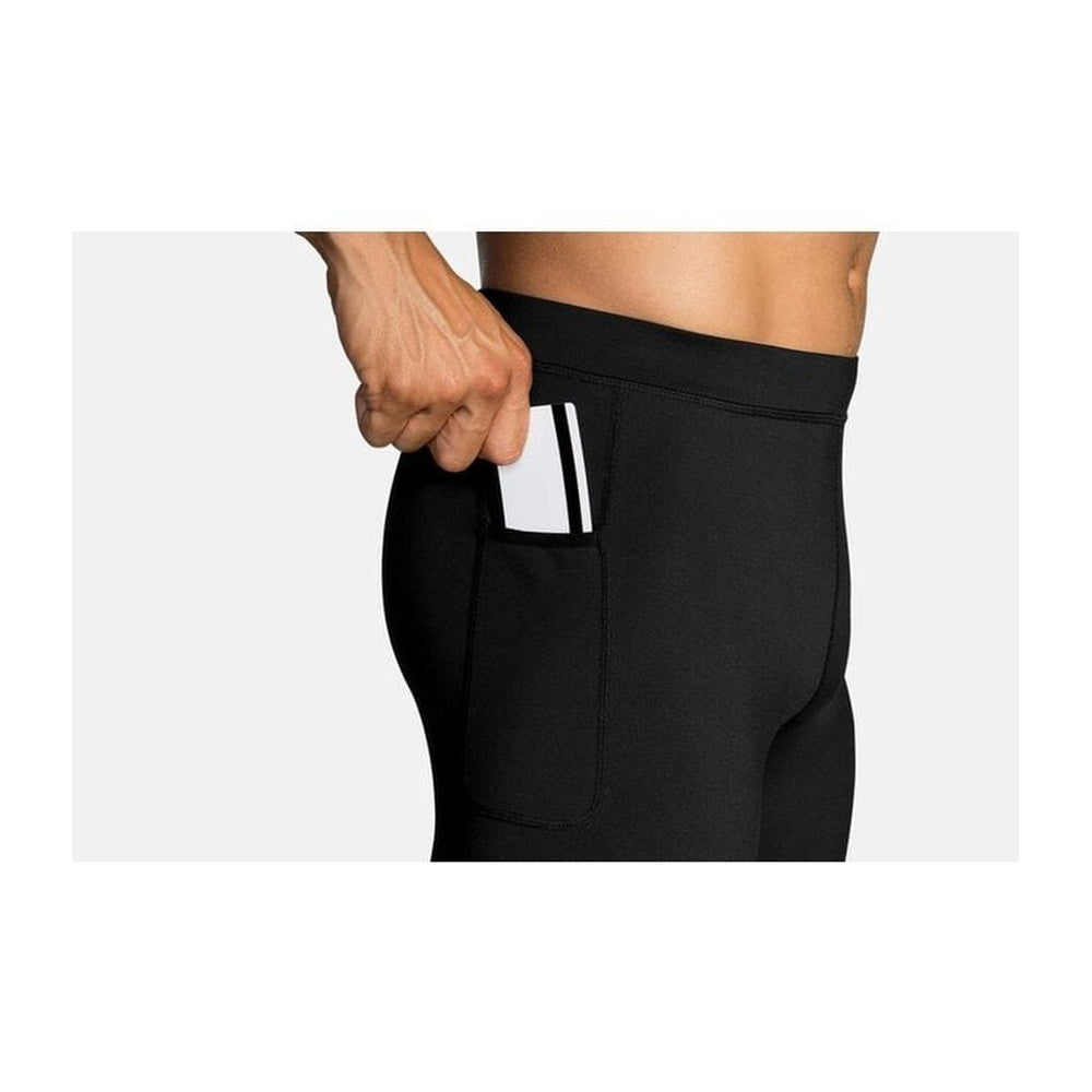 Brooks Source Tight black running tights with side pocket and reflective stripe detail