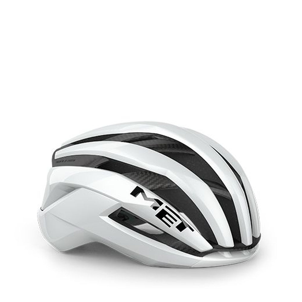 MET Trenta 3K Carbon MIPS cycling helmet in white with black carbon fiber stripes