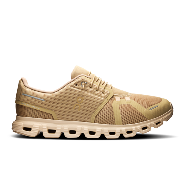 On Cloud 6 running shoe in chai and sand colorway on white background