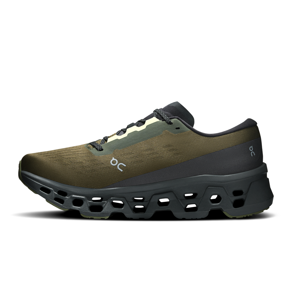On Cloudmonster 3 running shoe in olive green and black colorway