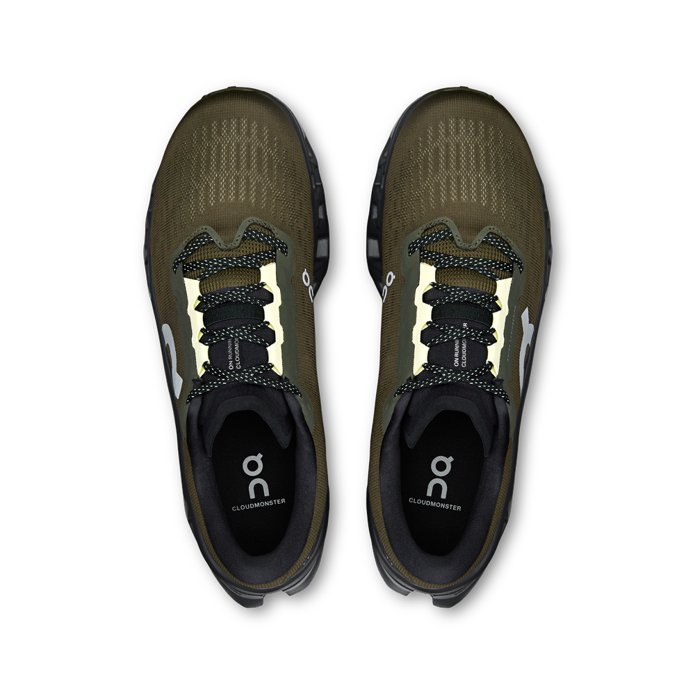 On Cloudmonster 3 running shoes in olive green with black laces and sole