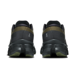 On Cloudmonster 3 running shoes in olive and eclipse colorway, rear view