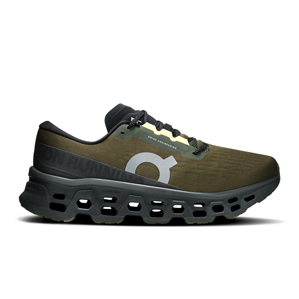 On Cloudmonster 3 running shoes in olive green and eclipse colorway