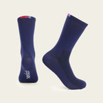 Velocio navy blue cycling socks with colorful accent stripes, front and back view