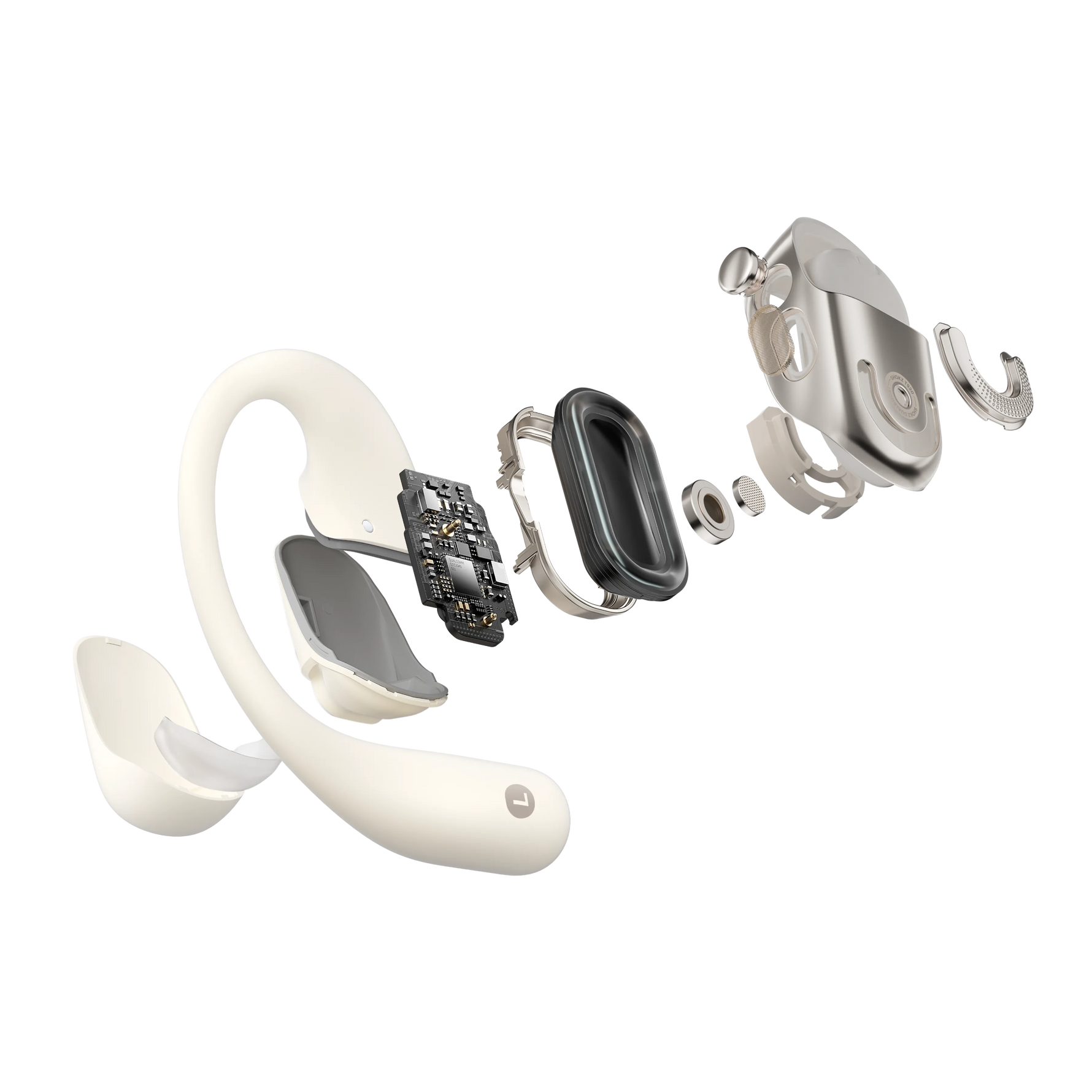 Shokz OpenFit 2 wireless earbuds exploded view showing beige components and internal parts