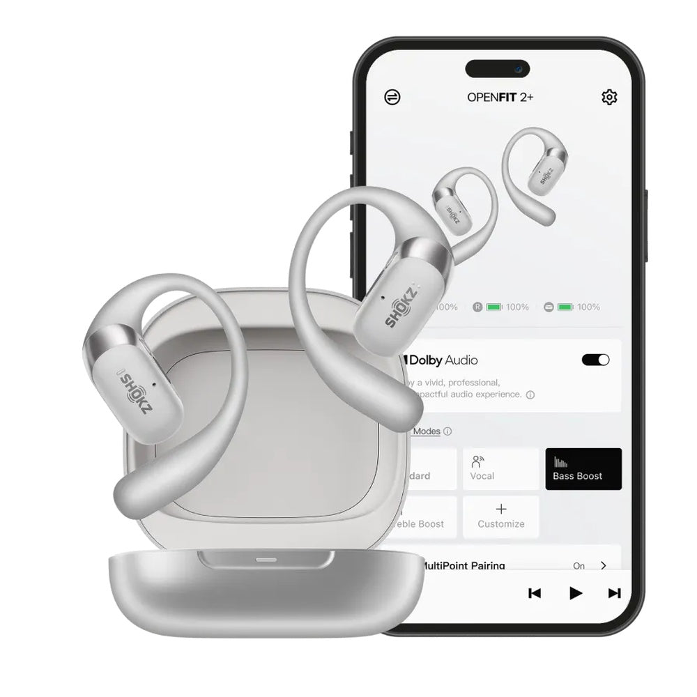 Shokz OpenFit 2+ white wireless earbuds with charging case and smartphone app interface
