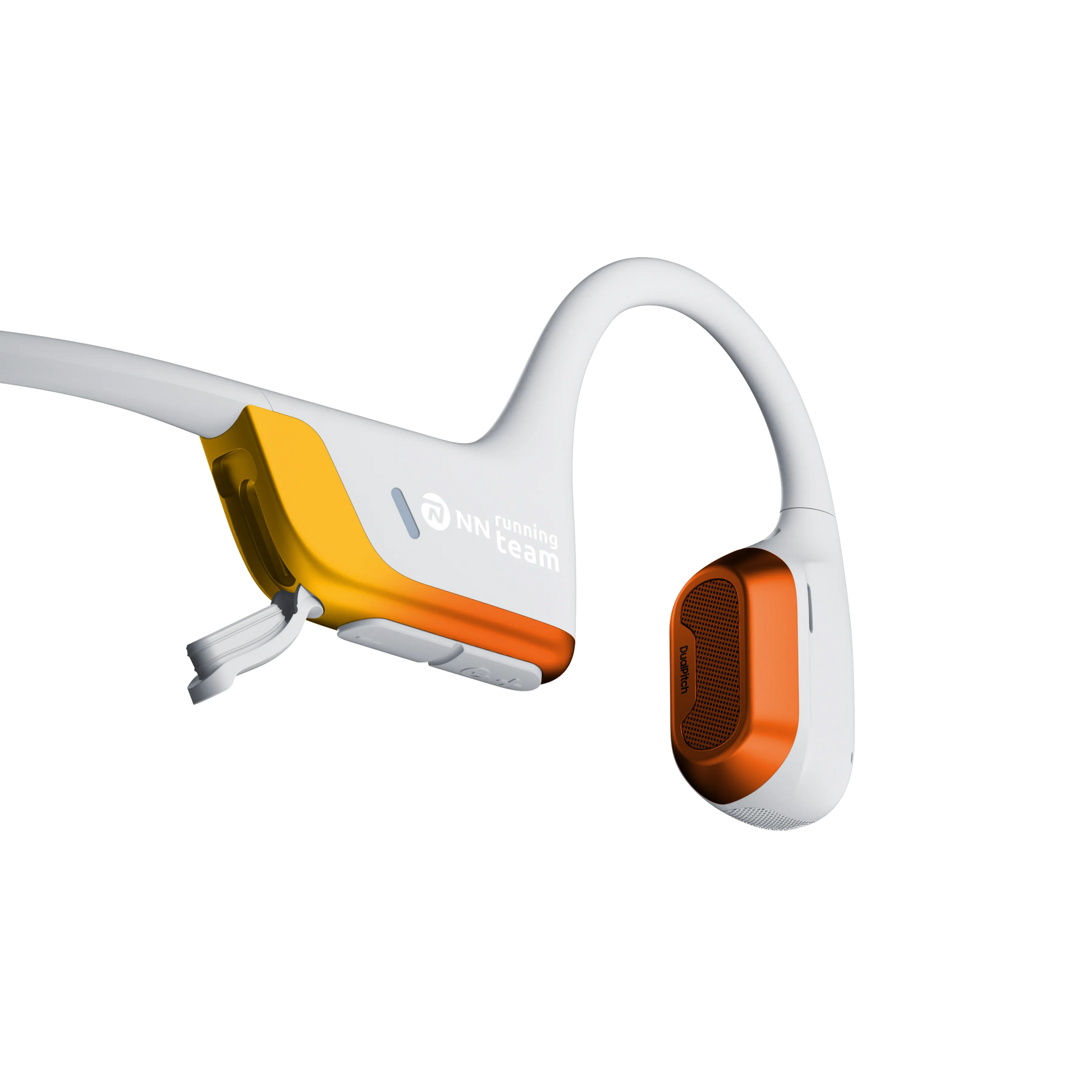 Shokz OpenRun Pro 2 bone conduction headphones in white with orange speaker pods