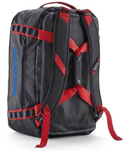 Patagonia Black Hole 40L duffel backpack in black with red straps, rear view