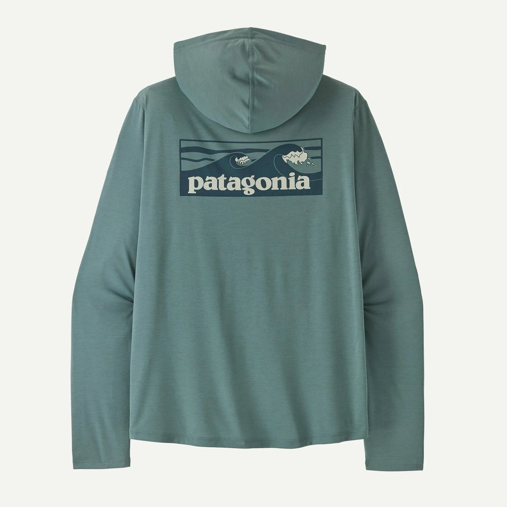 Patagonia Capilene Cool Daily Hoody back view with Boardshort Logo graphic in sage green