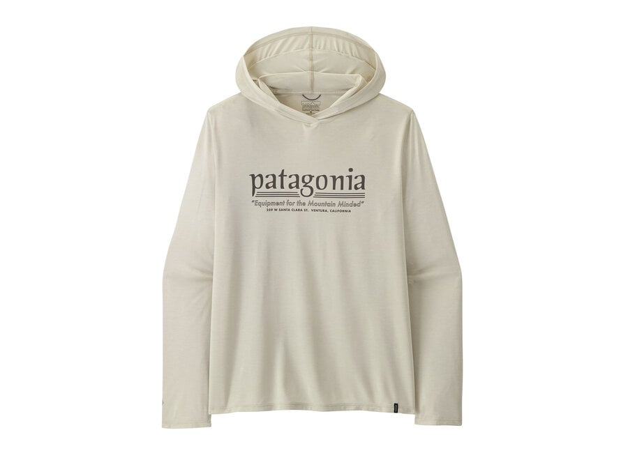 Patagonia Capilene Cool Daily Hoody in Dyno White with Hut Tripper graphic on chest