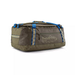Patagonia Black Hole Duffel 55L in Basin Green with Fitz Trout graphic and blue handles