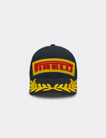 Pirelli black baseball cap with yellow logo patch and gold laurel wreath embroidery