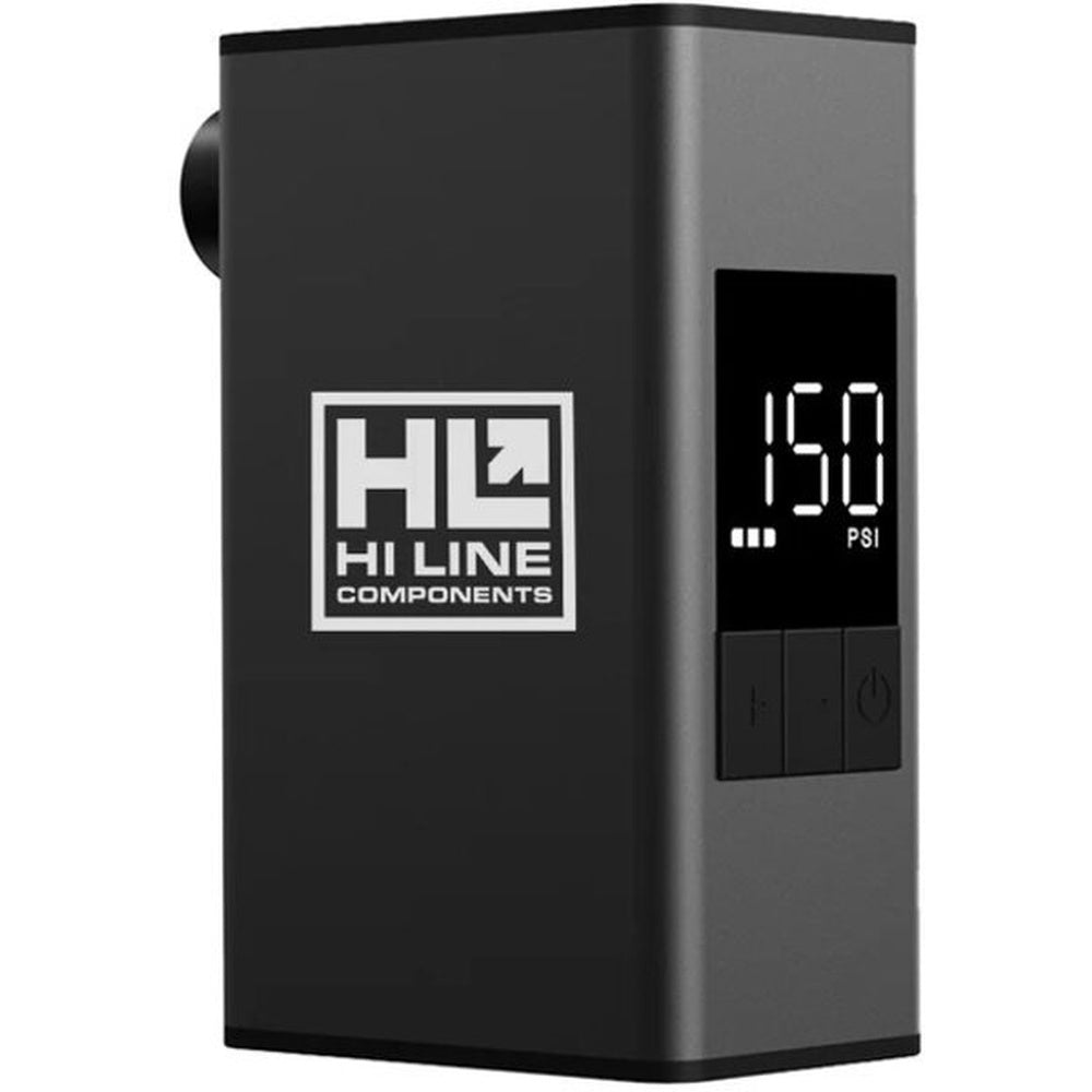 Hi Line Components E-Pump Boost portable electric air pump displaying 150 PSI on digital screen