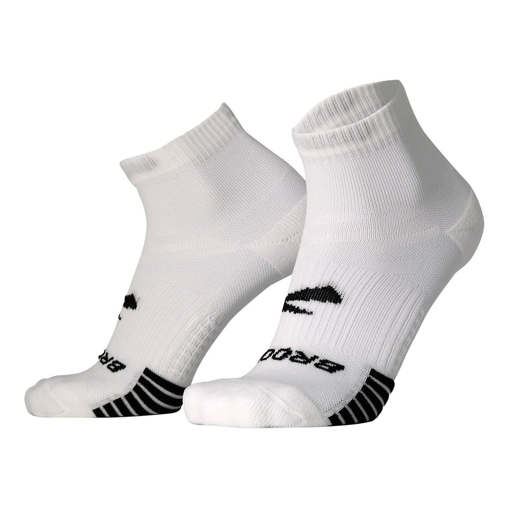 Brooks Ghost Lite Quarter white running socks pair with black toe stripes and logo