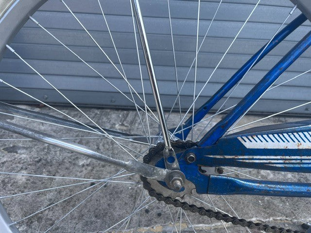 Original two-tone blue paint and patina on vintage Ross cruiser frame