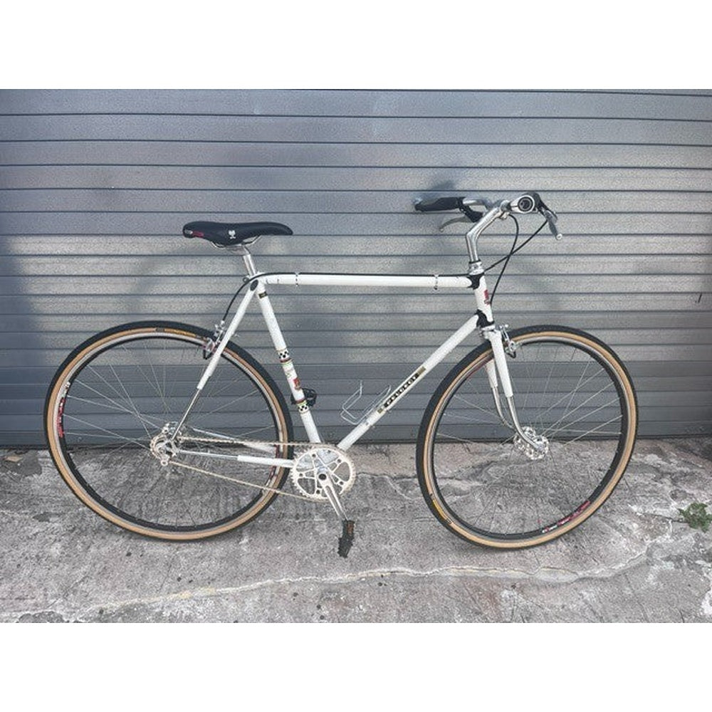 Vintage 1970s Peugeot UO-8 single speed bike in white, full side view