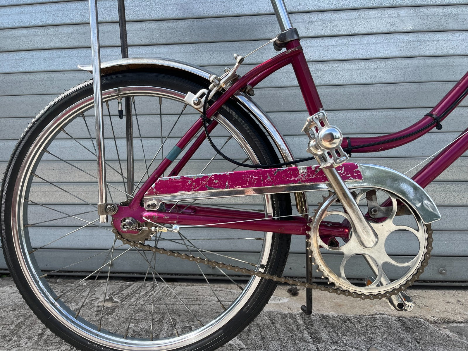 Sissy bar and chrome fender detail on 1971 Schwinn Stardust survivor bike