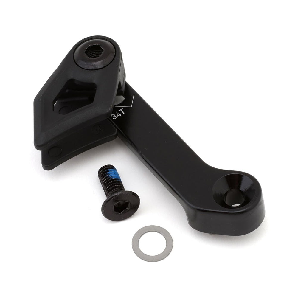 Black Specialized chain guide with mounting hardware and bolt on white background