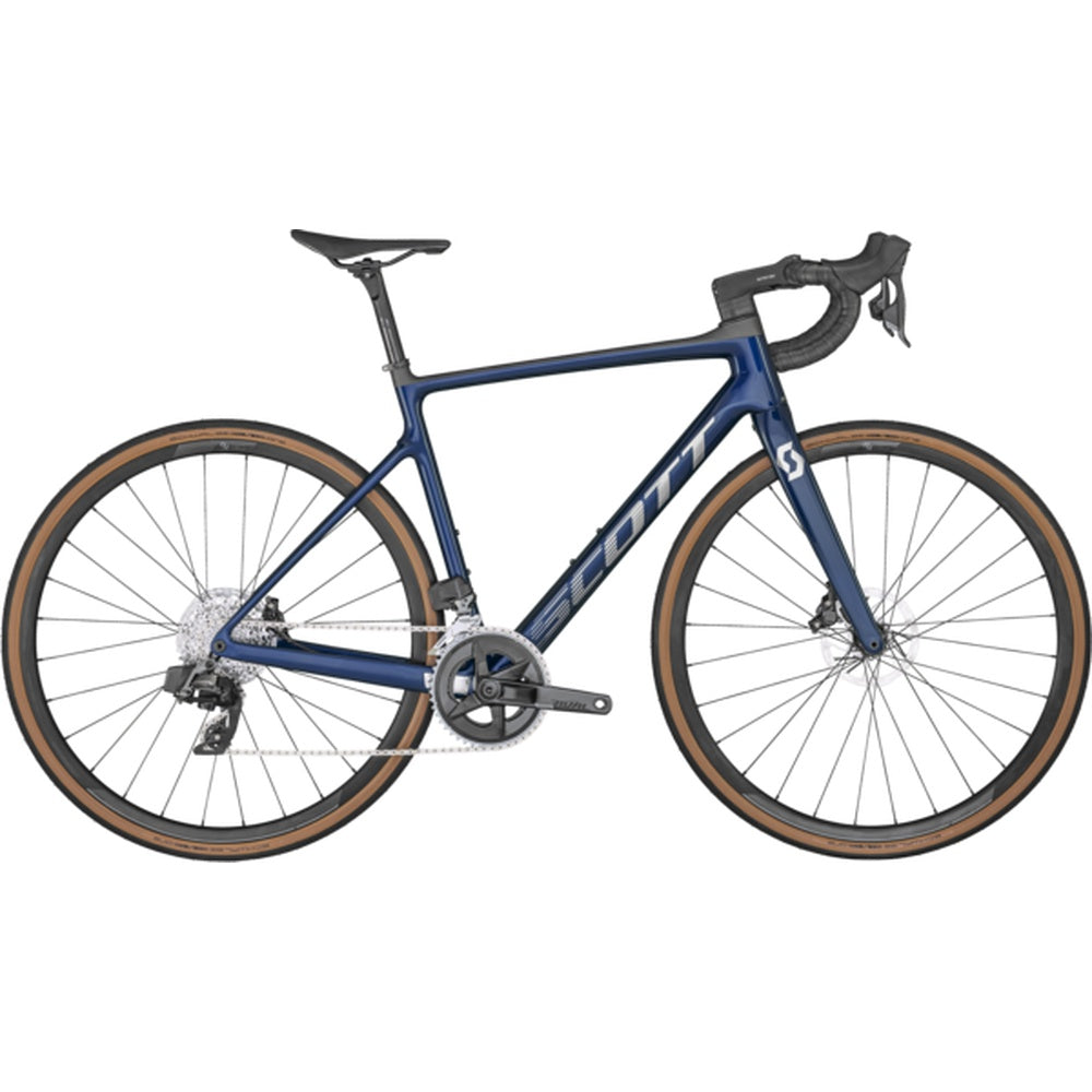 Scott Addict 20 blue road bike with drop handlebars and disc brakes
