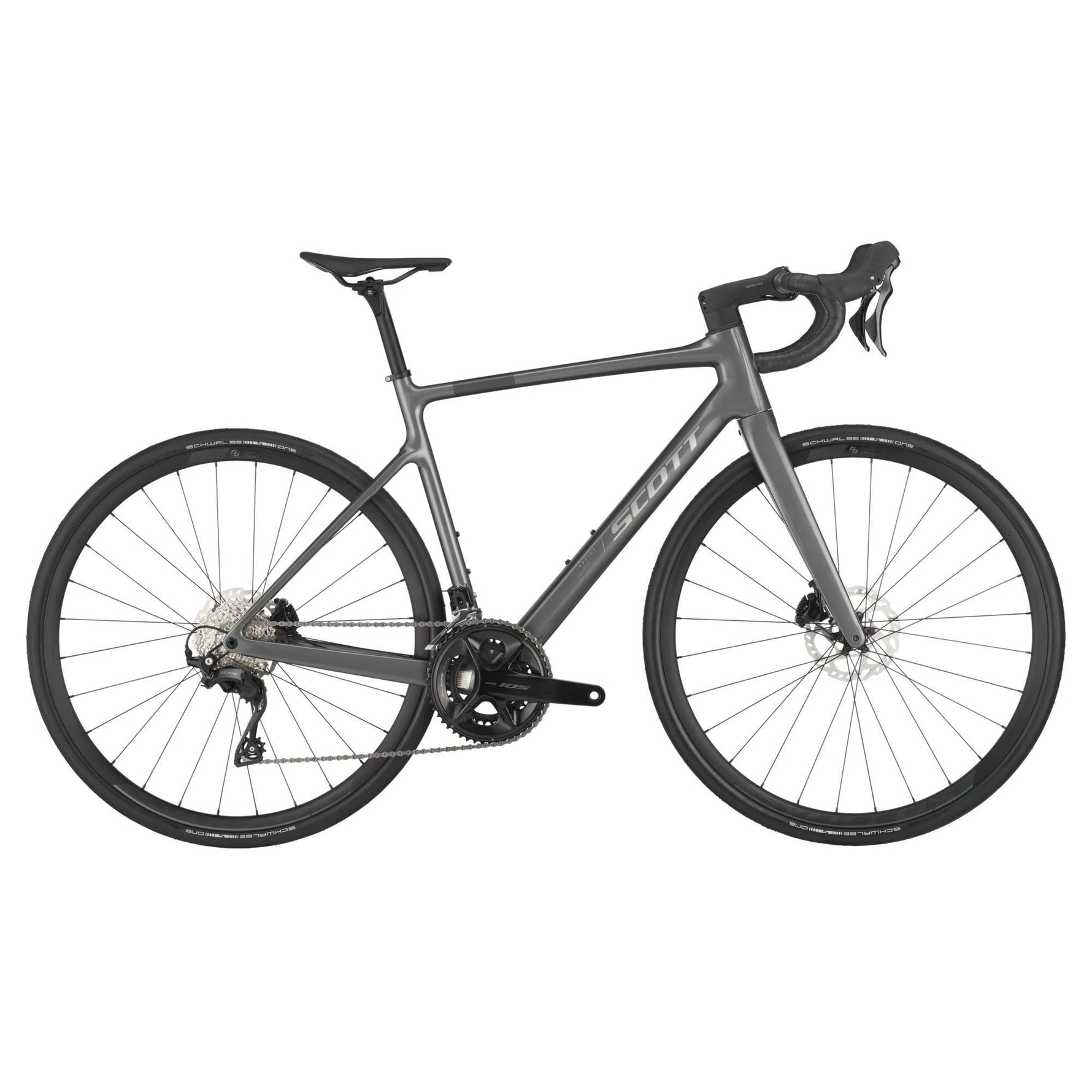 Scott Addict 50 road bike in carbon grey with drop handlebars and disc brakes