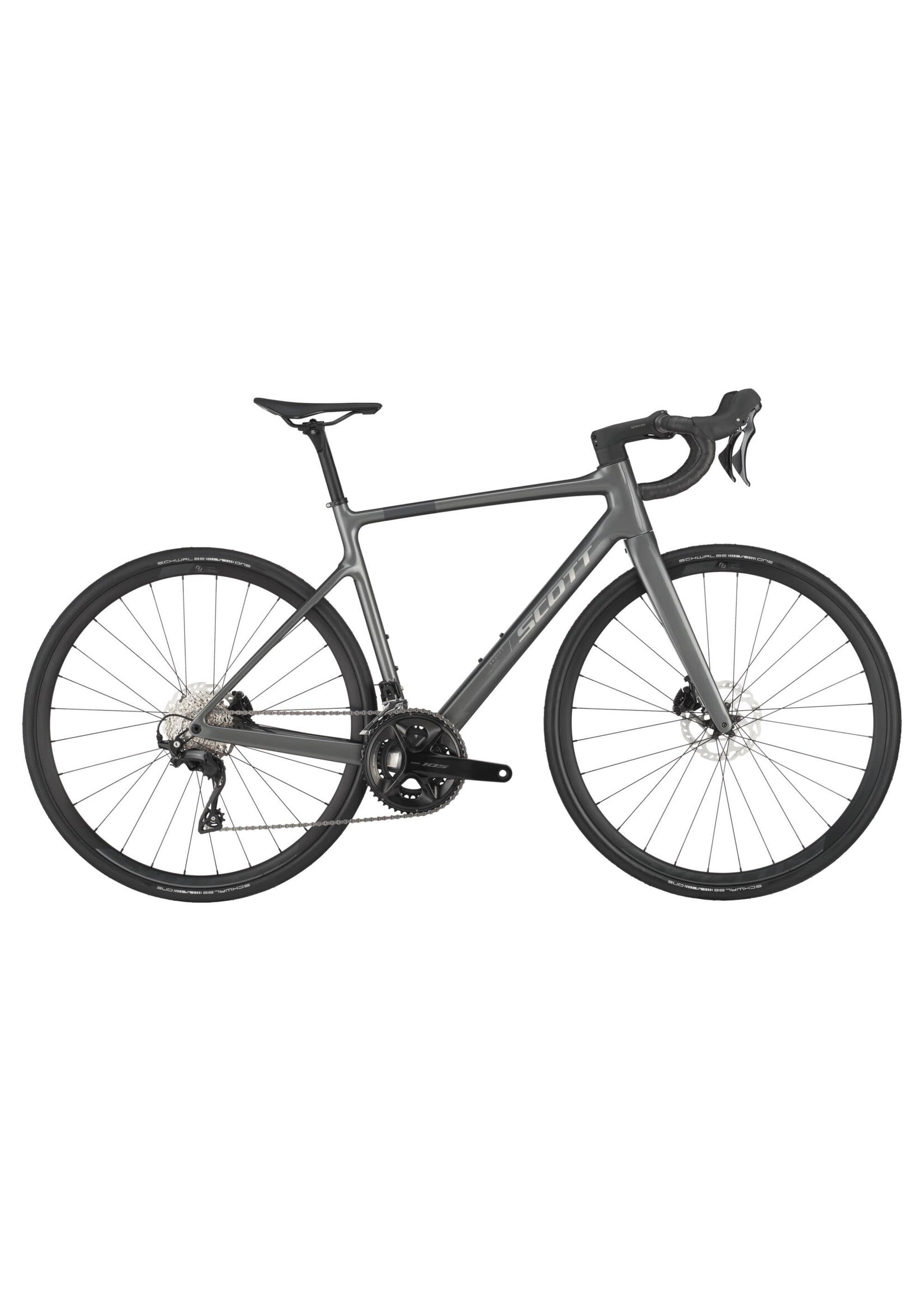 Scott Addict 50 road bike in carbon grey with drop handlebars and disc brakes