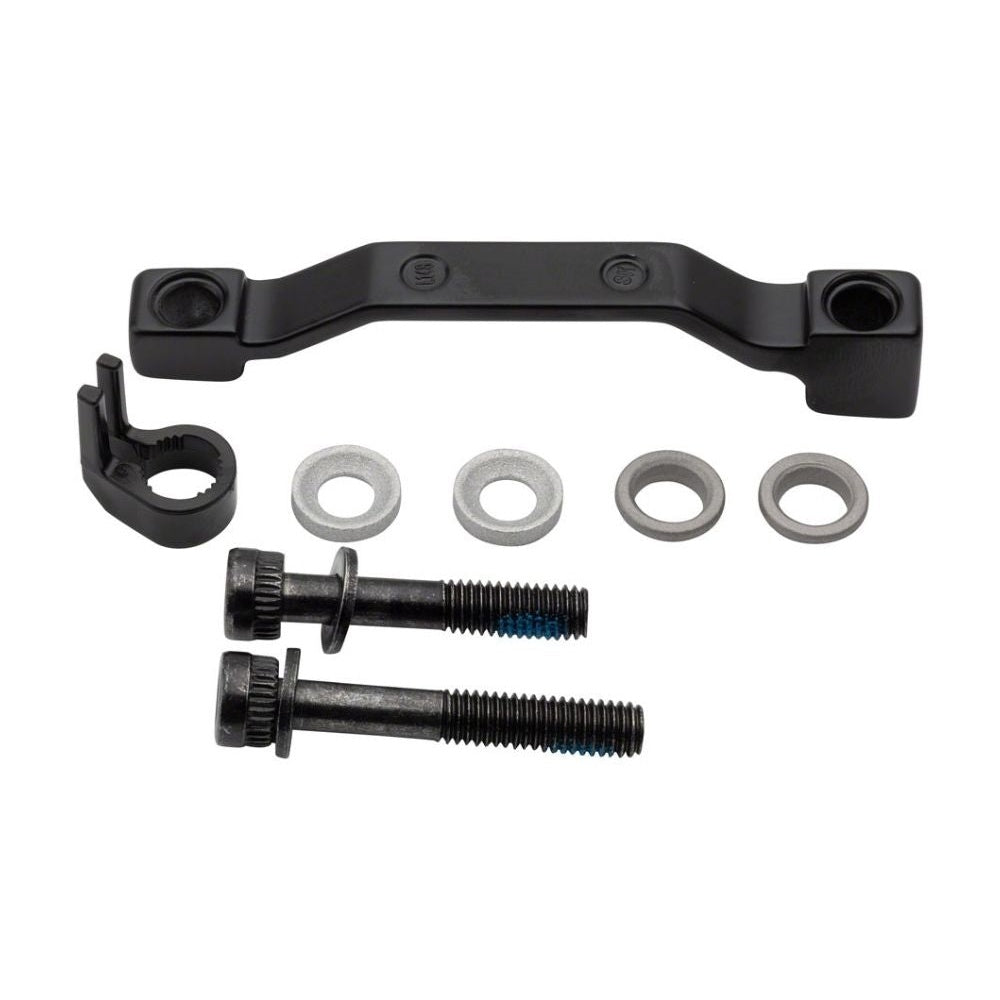 Shimano disc brake mount adapter kit with bolts, washers, and bracket on white background
