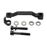 Shimano disc brake mount adapter kit with bolts, washers, and bracket on white background