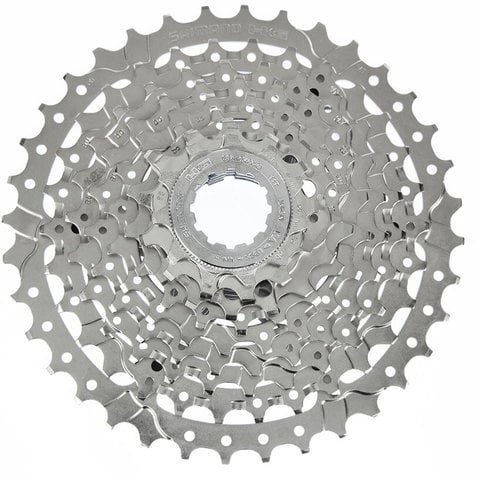 Shimano CS-HG400-9 nine-speed bicycle cassette sprocket in silver chrome finish