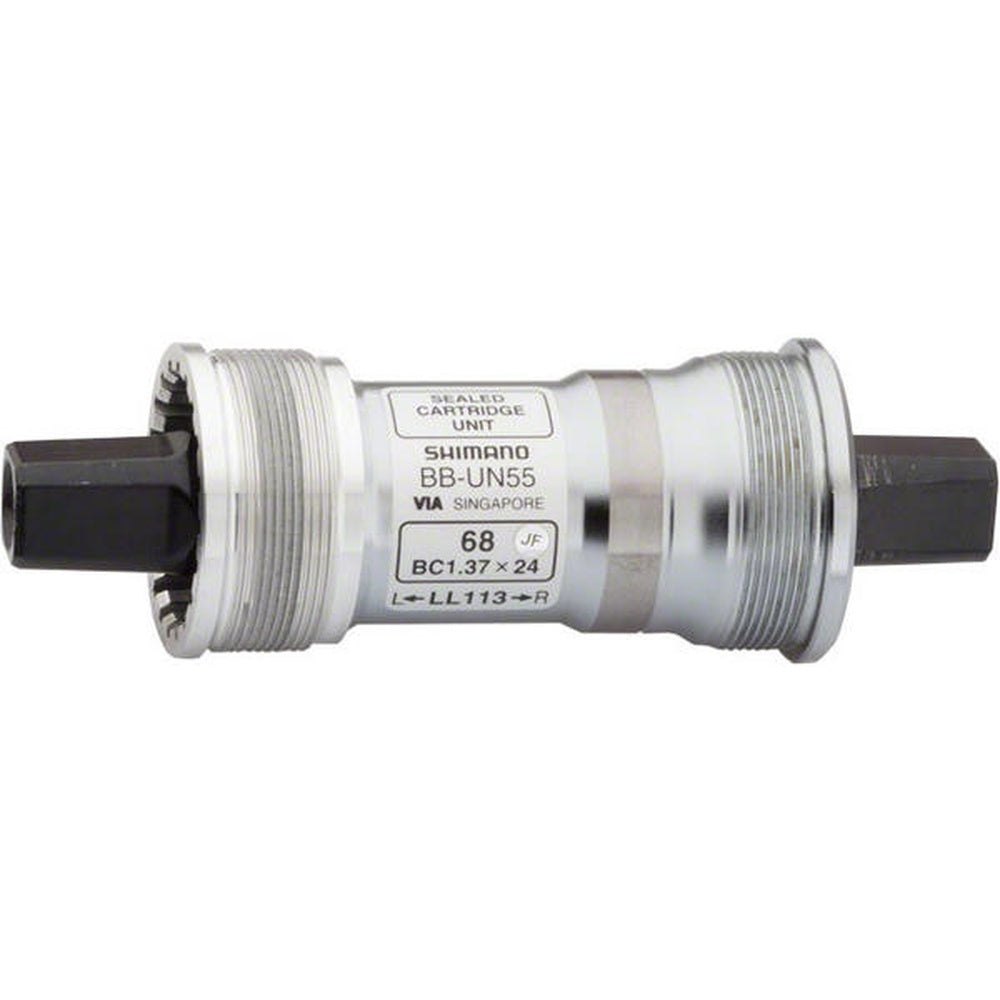 Shimano BB-UN55 cartridge bottom bracket with threaded silver housing and black spindle ends