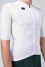 White Gobik Attitude 2.0 cycling jersey with geometric pattern on male model