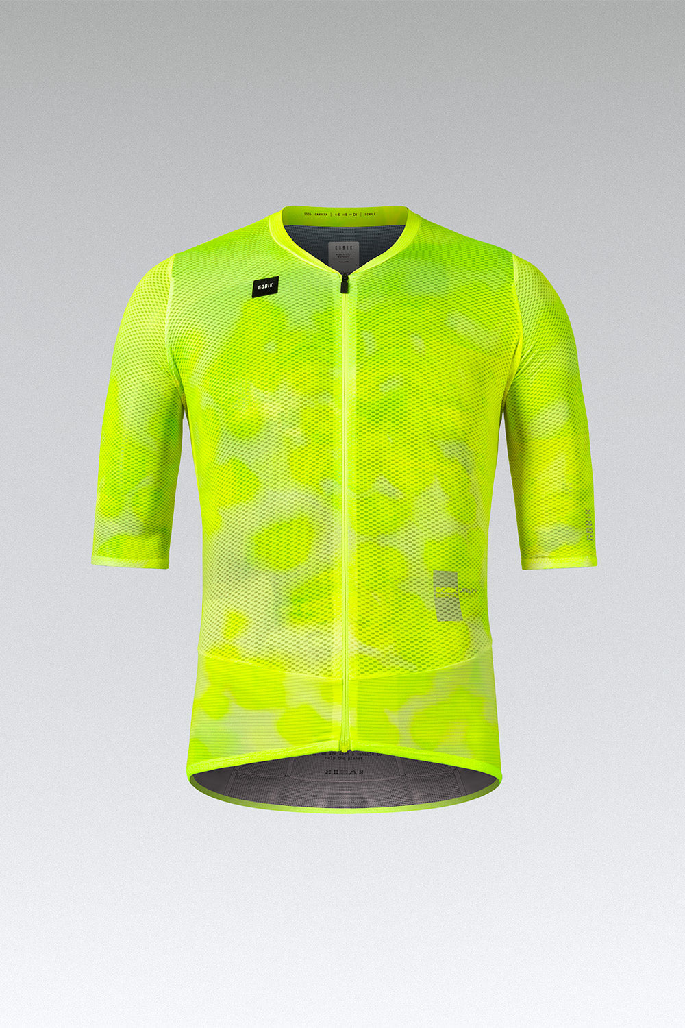 Gobik Carrera 3.0 short sleeve cycling jersey in neon yellow with camo texture pattern