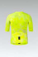 Gobik Carrera 3.0 cycling jersey in fluorescent yellow with camo pattern, rear view