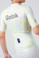 Gobik CX Pro 4.0 cycling jersey in white and neon yellow Drip pattern, rear view