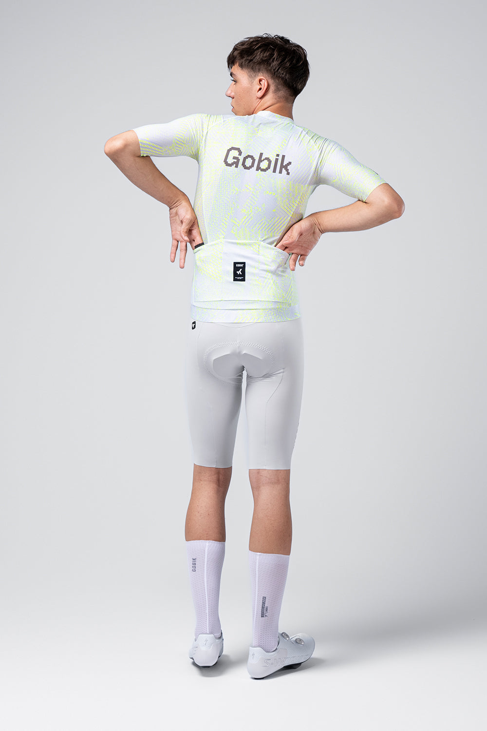 Gobik CX Pro 4.0 cycling jersey in Blast colorway, rear view on male model