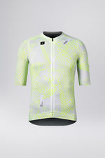 Gobik CX Pro cycling jersey in white with neon yellow abstract pattern