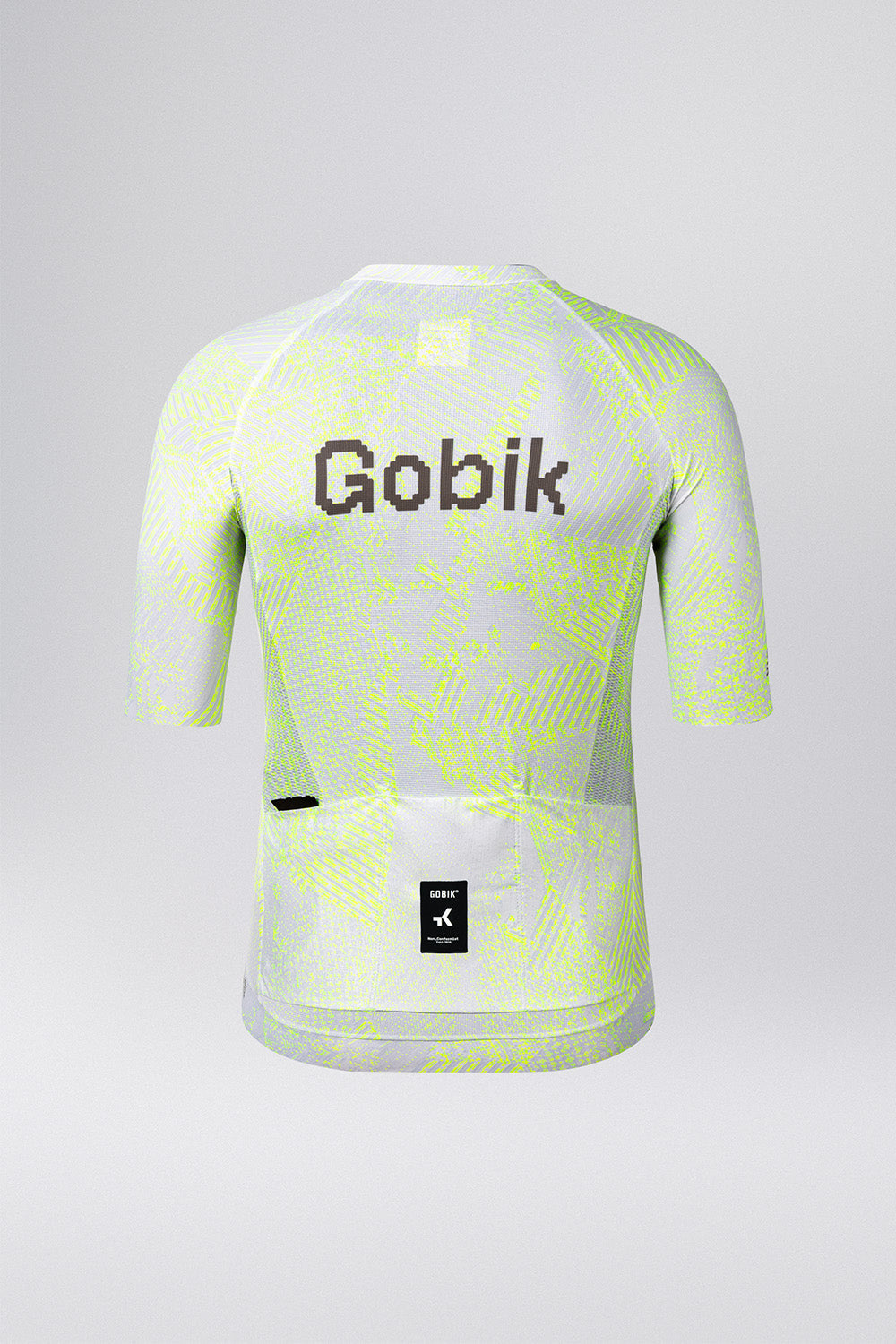 Gobik CX Pro 4.0 cycling jersey back view, white with neon yellow Drip pattern