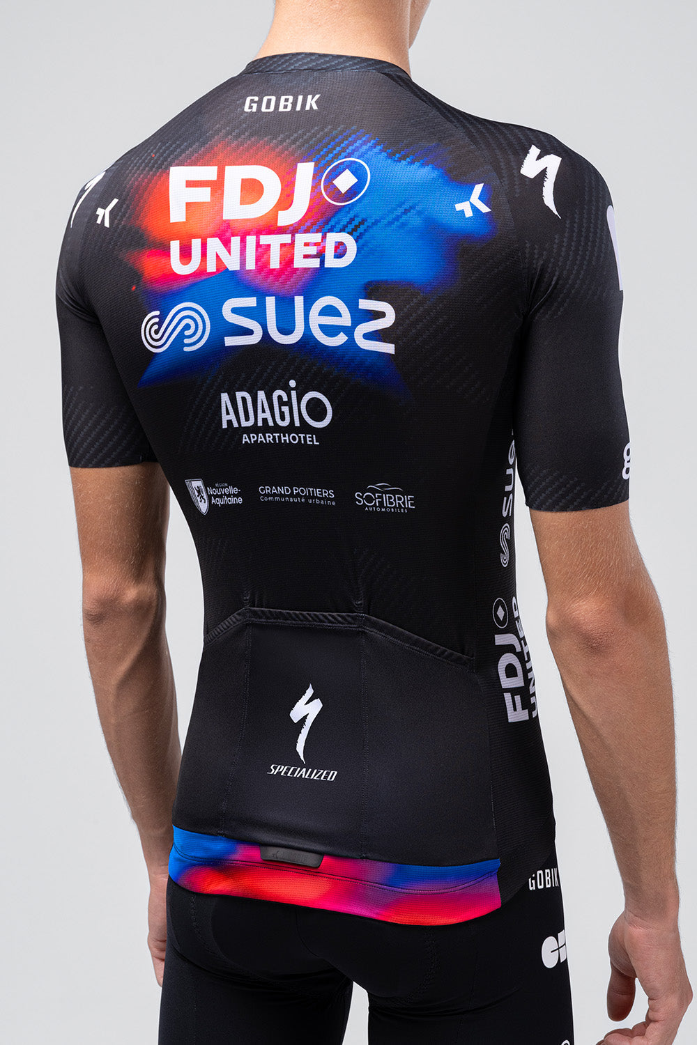 Gobik cycling jersey in FDJ team colors with black base and red-blue gradient