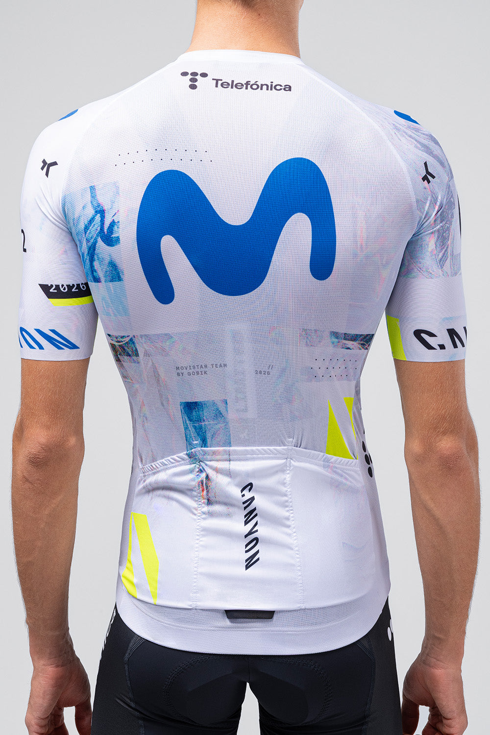 Gobik Odyssey cycling jersey in white Movistar Team colorway with blue logo