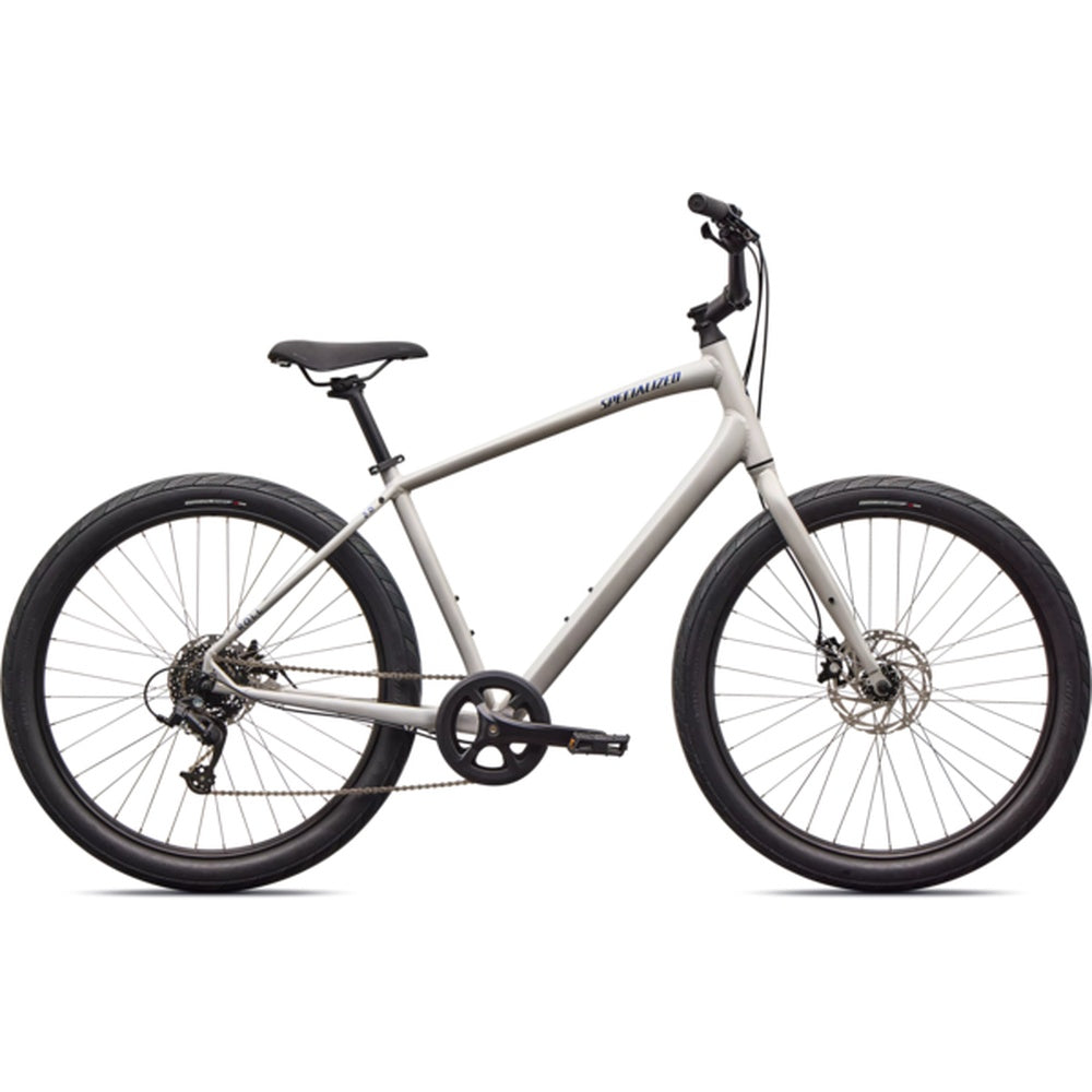 Specialized Roll 2.0 hybrid bike in satin dolomite metallic finish with disc brakes