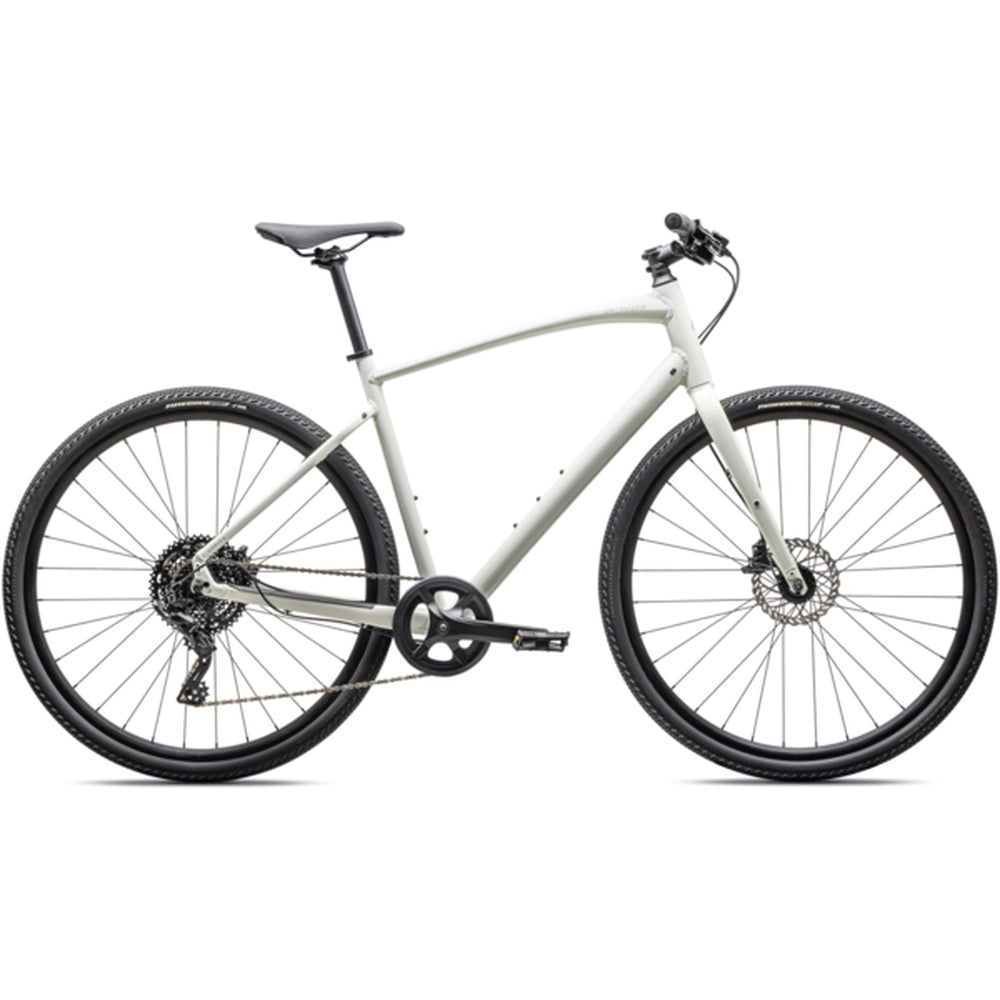 Specialized Sirrus X 2.0 hybrid bike in light gray with disc brakes