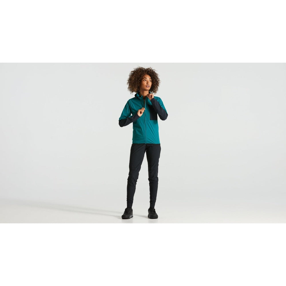 Specialized Trail SWAT Women's Jacket in teal with navy accents, modeled on white background