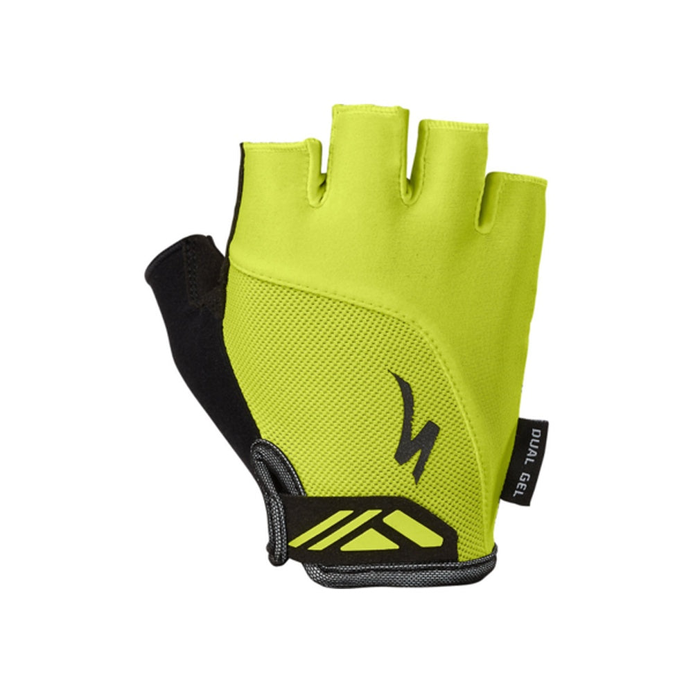 Specialized fingerless cycling gloves in bright yellow with gel padding and mesh design