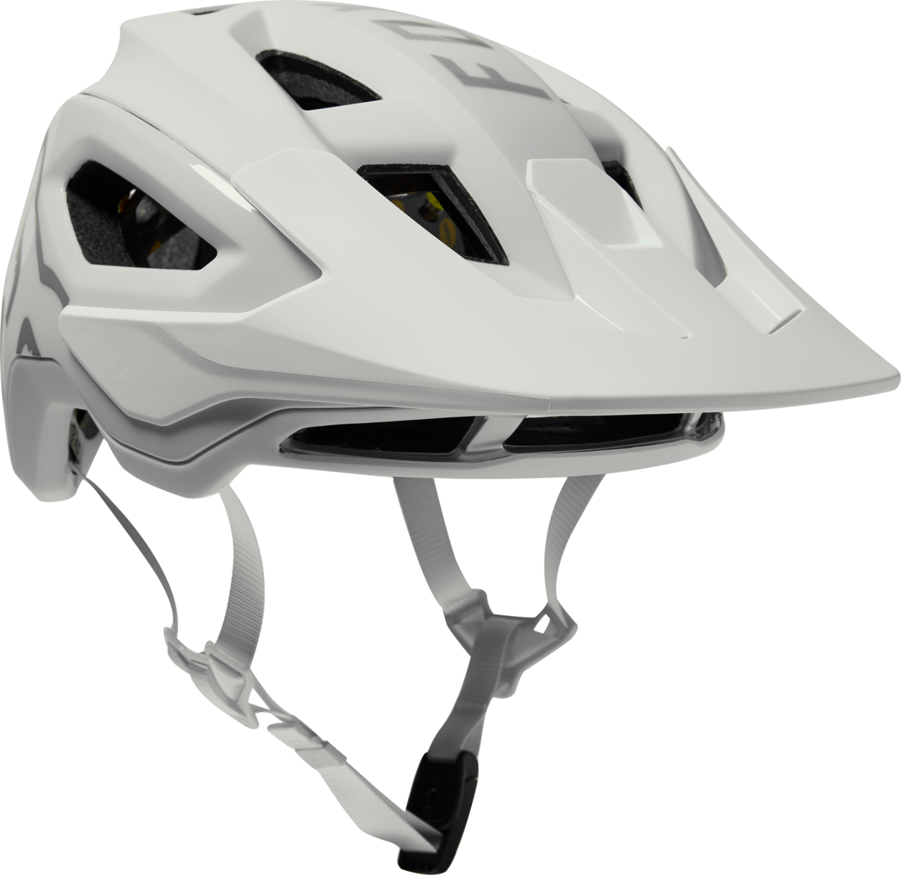 Fox Racing Speedframe Pro mountain bike helmet in matte white with visor and MIPS