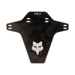 Fox Racing mudguard in black with white fox logo and camouflage pattern detailing