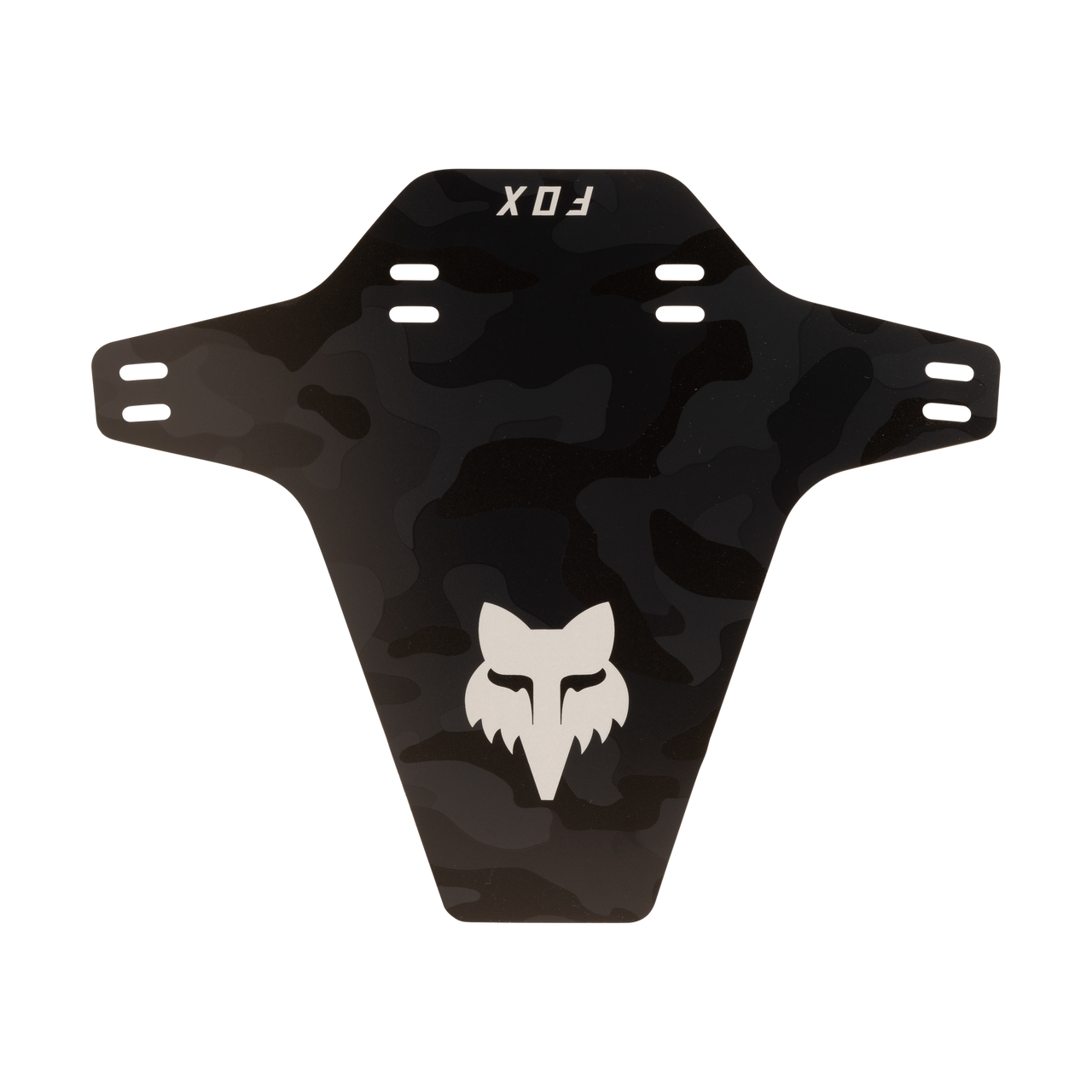 Fox Racing mudguard in black with white fox logo and camouflage pattern detailing