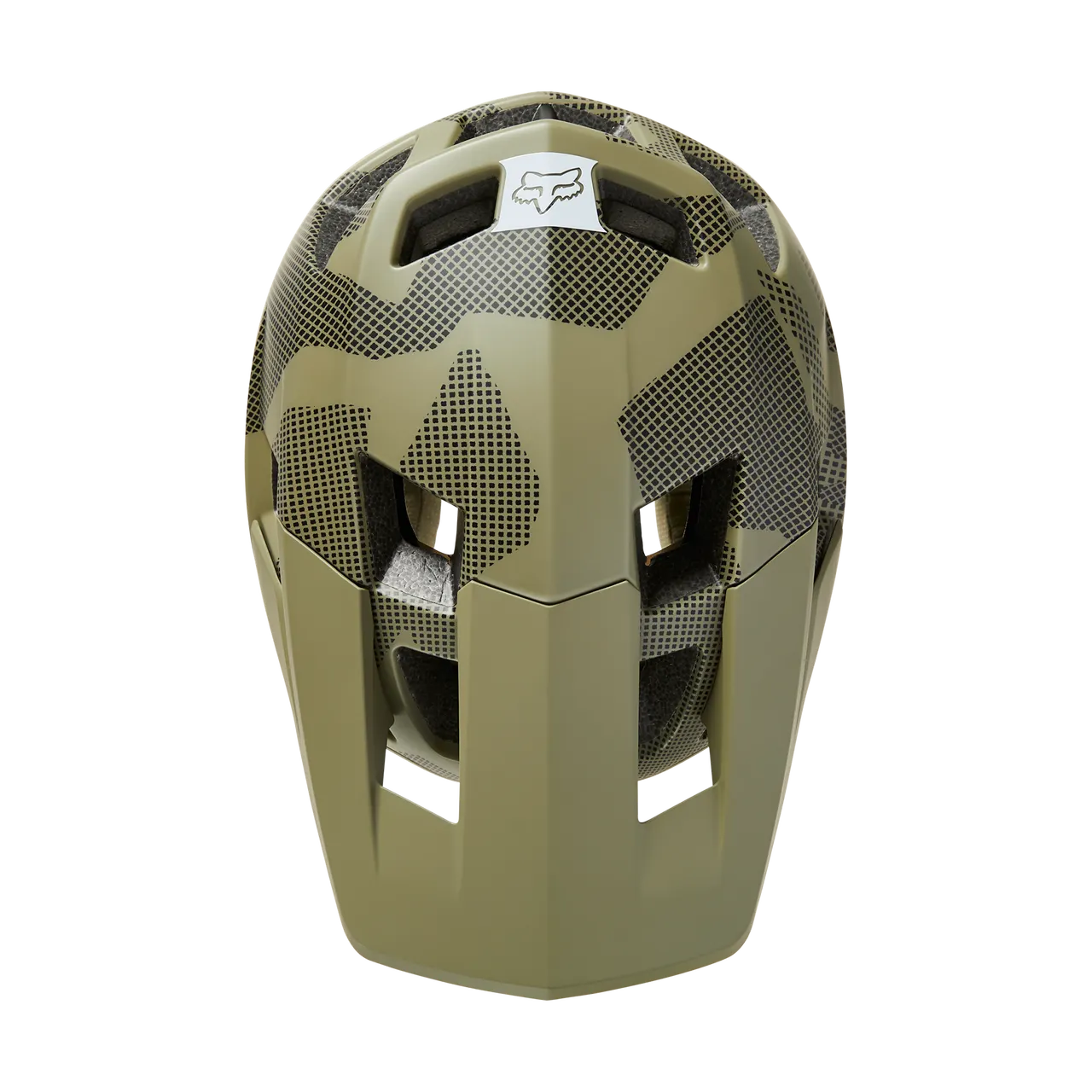 Fox Racing Dropframe Pro mountain bike helmet in olive green camo pattern